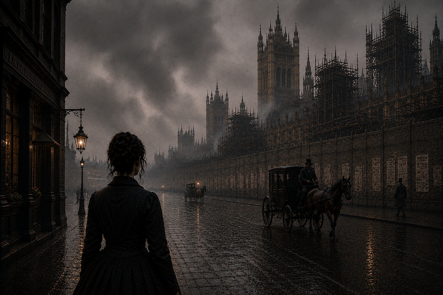 The Majorana Equation cover — a woman in Victorian dress watches a horse-drawn carriage pass Parliament in 1843 London